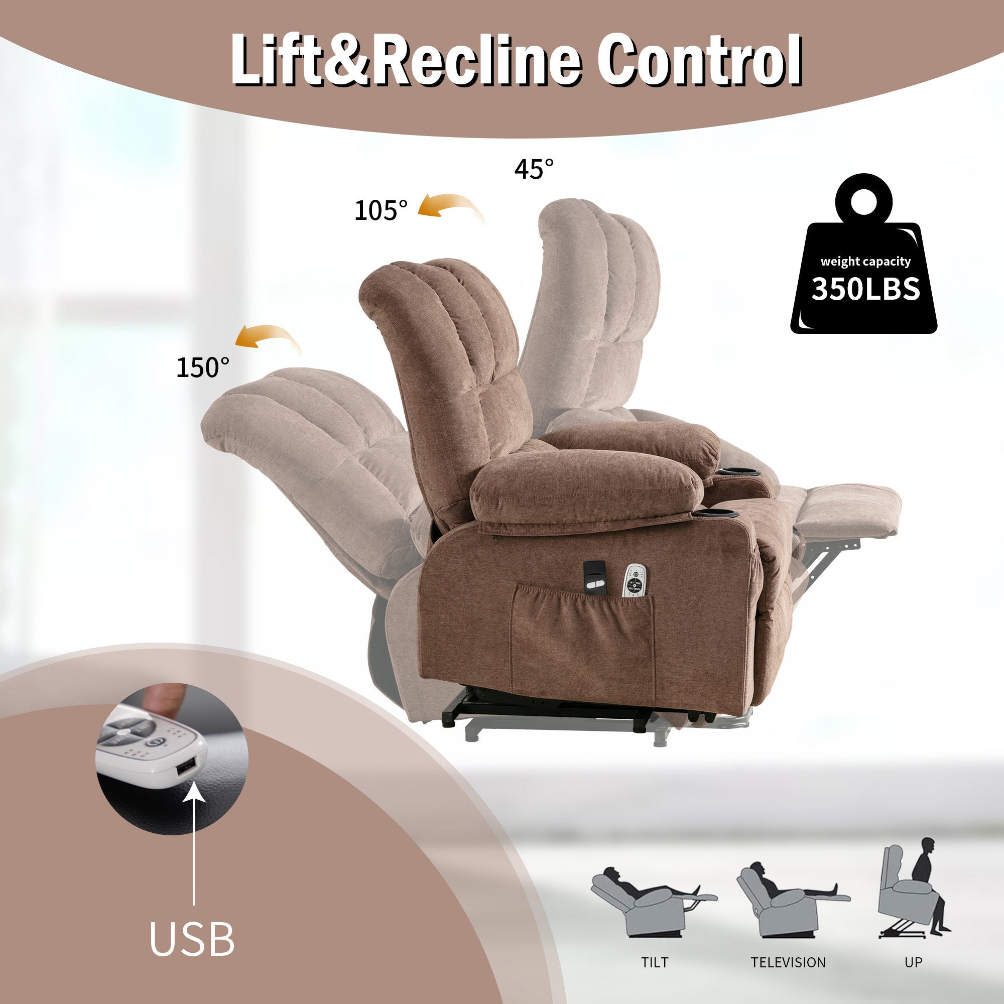 Power Electric massage lift lounge chair, suitable for the elderly, with heating and vibration functions, with USB, can be used for lying down. BROWN