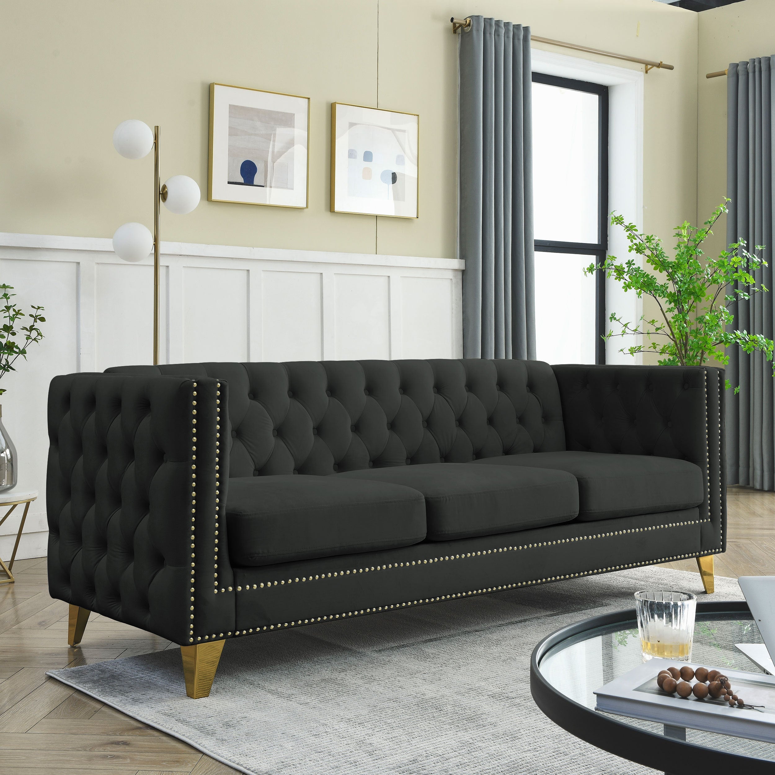 {Contact us for 3D modeling} Velvet Sofa for Living Room,Buttons Tufted Square Arm Couch, Modern Couch Upholstered Button and Metal Legs, Sofa Couch for Bedroom, Black Velvet(W834S00022)