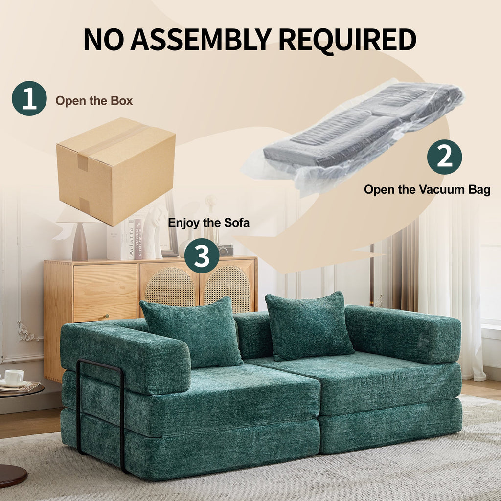 Compression Sofa,Convertible Floor Sofa Bed with Fixed-Shape Frame, Loveseats Boneless Modular Sectional Sofa,No Assembly Required,Chenille fabric,for Living Room Bedroom,Dark Green