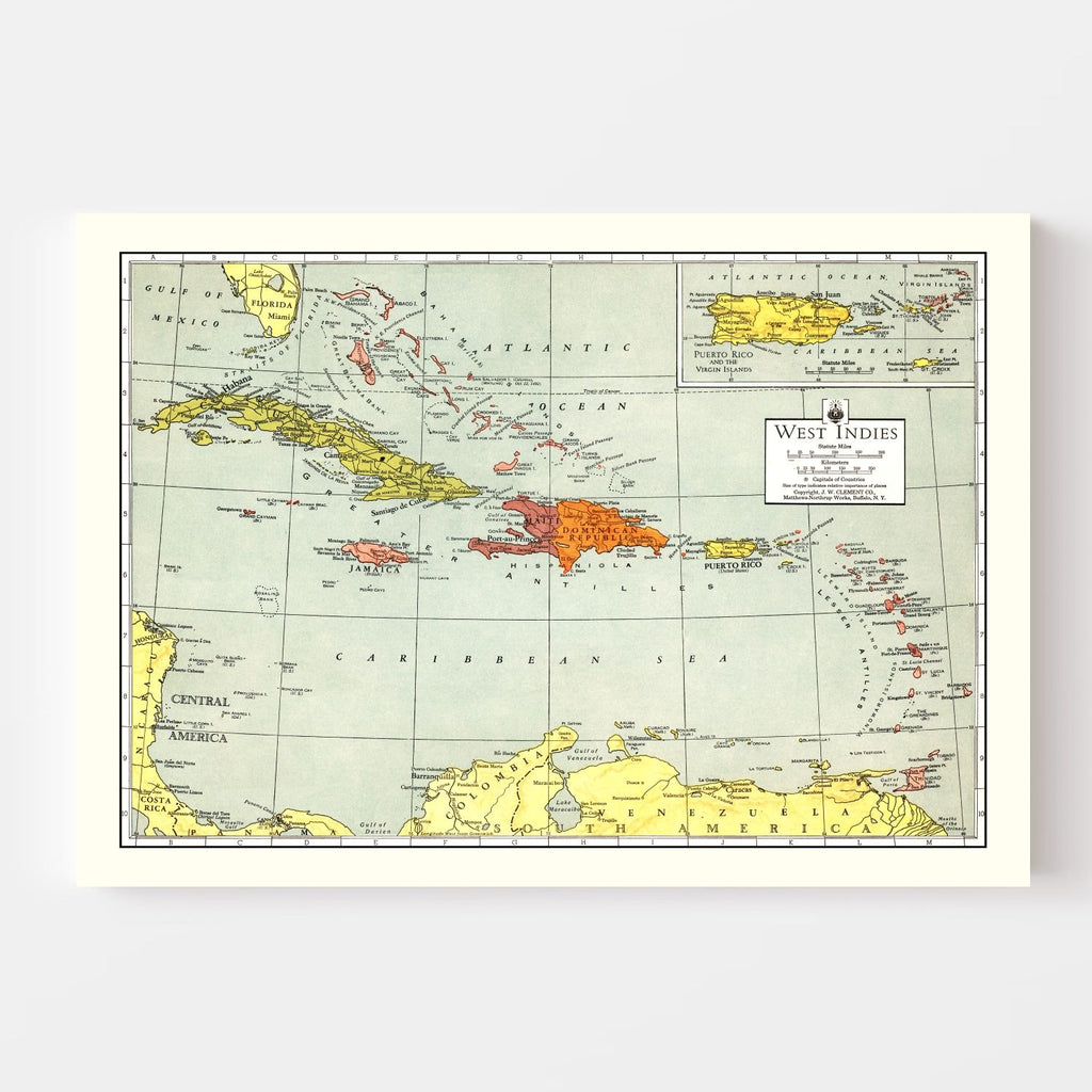 Vintage Map of Caribbean Sea 1943