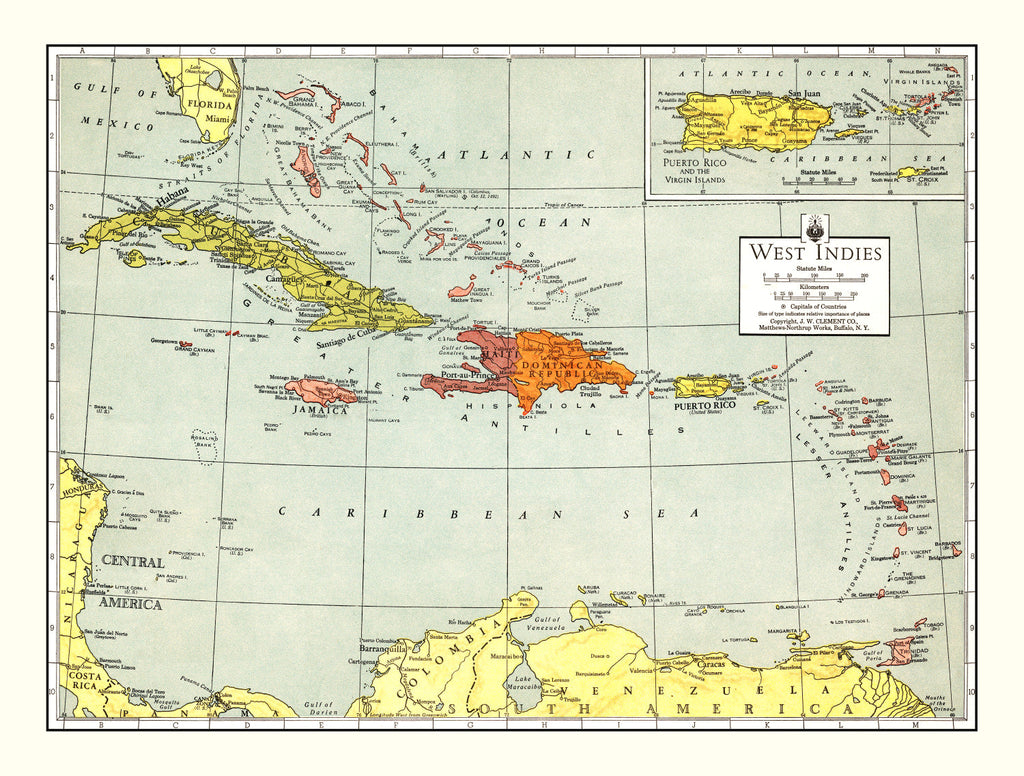 Vintage Map of Caribbean Sea 1943
