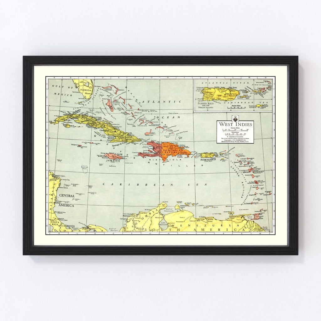 Vintage Map of Caribbean Sea 1943