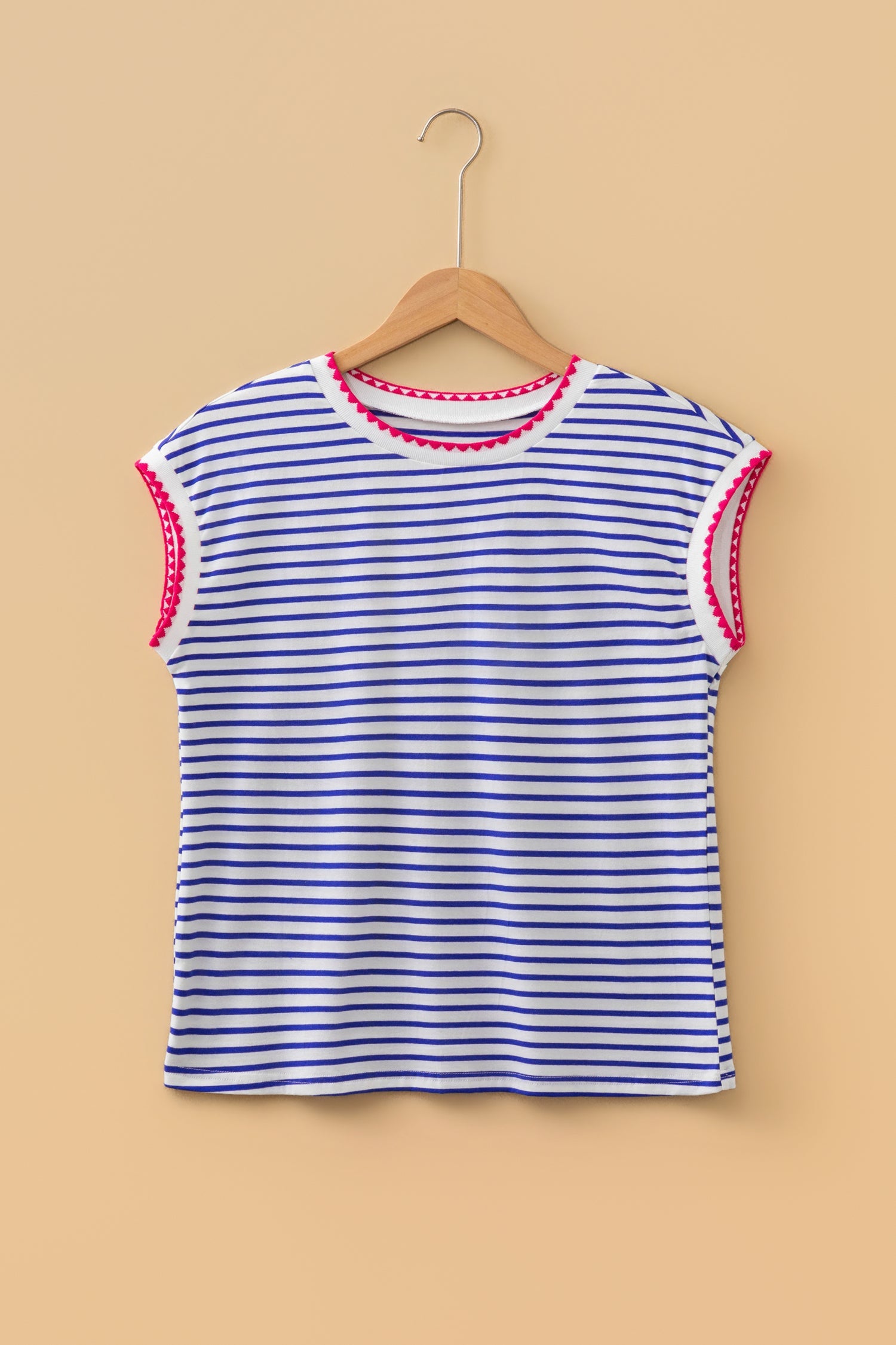 Stripe Contrast Trim Round Neck Cap Sleeve Tee