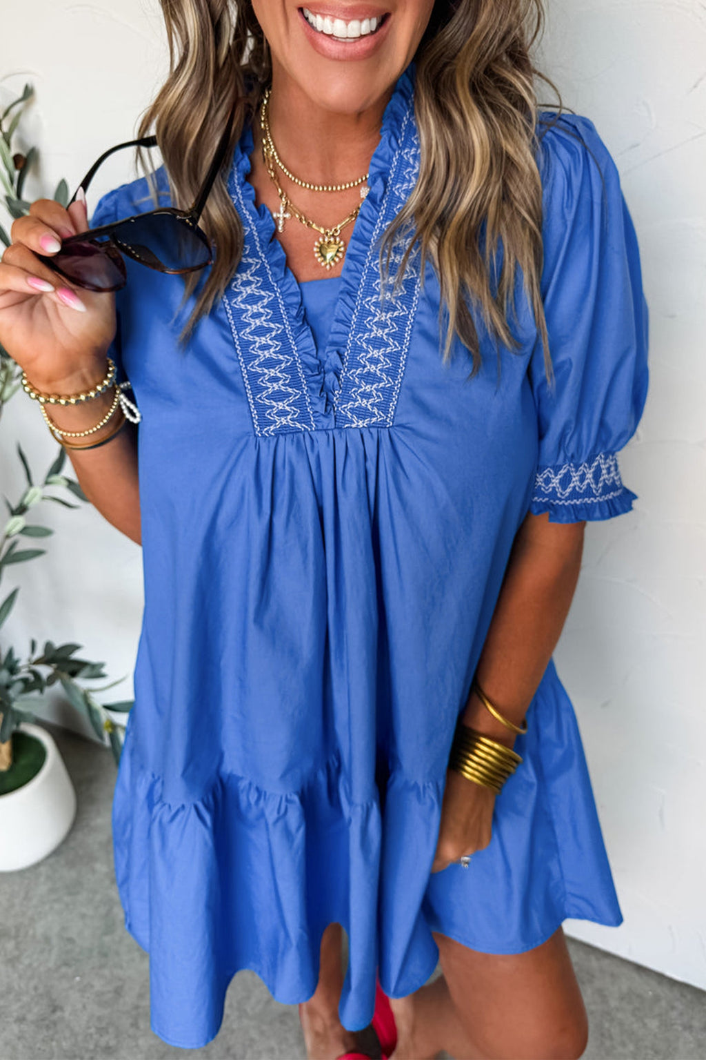 Embroidered Smocked V-Neck Puff Sleeve Mini Dress