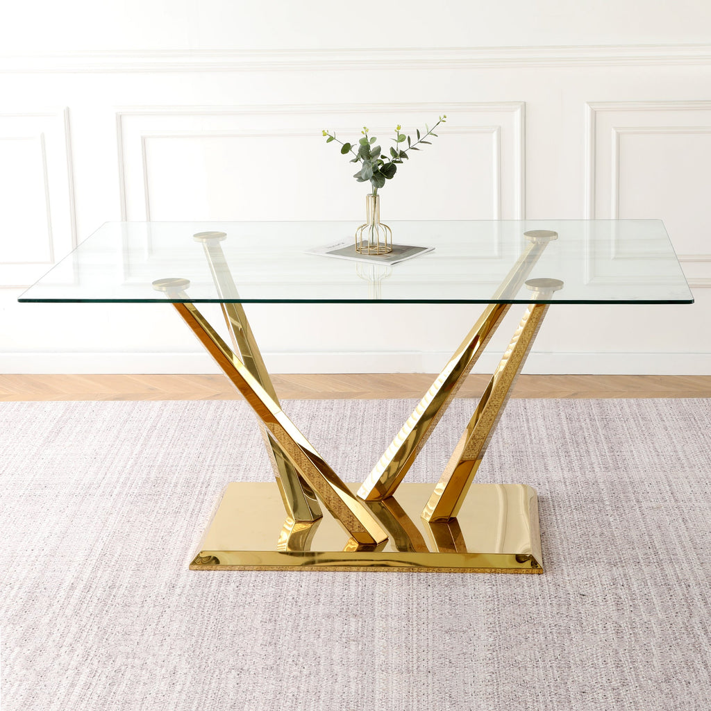 Modern style glass dining table, elegant transparent design, sturdy stainless steel base, White dining chair set, with gold-plated chair legs, suitable for dining room and kitchen (set of 7)