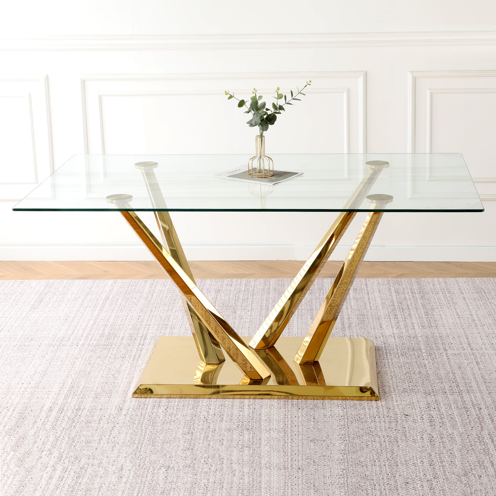 Modern style glass dining table, elegant transparent design, sturdy stainless steel base, White dining chair set, with gold-plated chair legs, suitable for dining room and kitchen (set of 7)