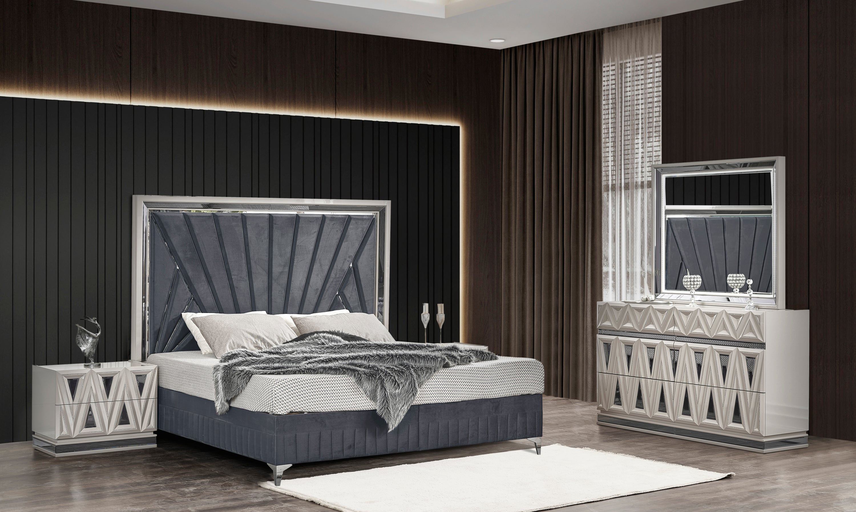 Lavita Modern & Contemporary Style 4 Pc King Upholstered Bedroom Set Made with Wood and Gold Accents in River Sand Grey (NJ Inventory)