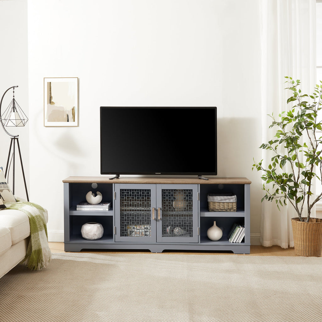 Modern Farmhouse TV Media Stand, Large Home Entertainment Console, for TV Up to 80'', with Open Shelves and Glass Door Cabinets, Light Blue and Light Oak, 70'W*15.55'D*26.85'H
