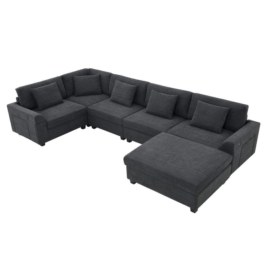Chenille U Shaped Sectional Sofa with Ottoman and Storage, USB Ports, 2 Colors