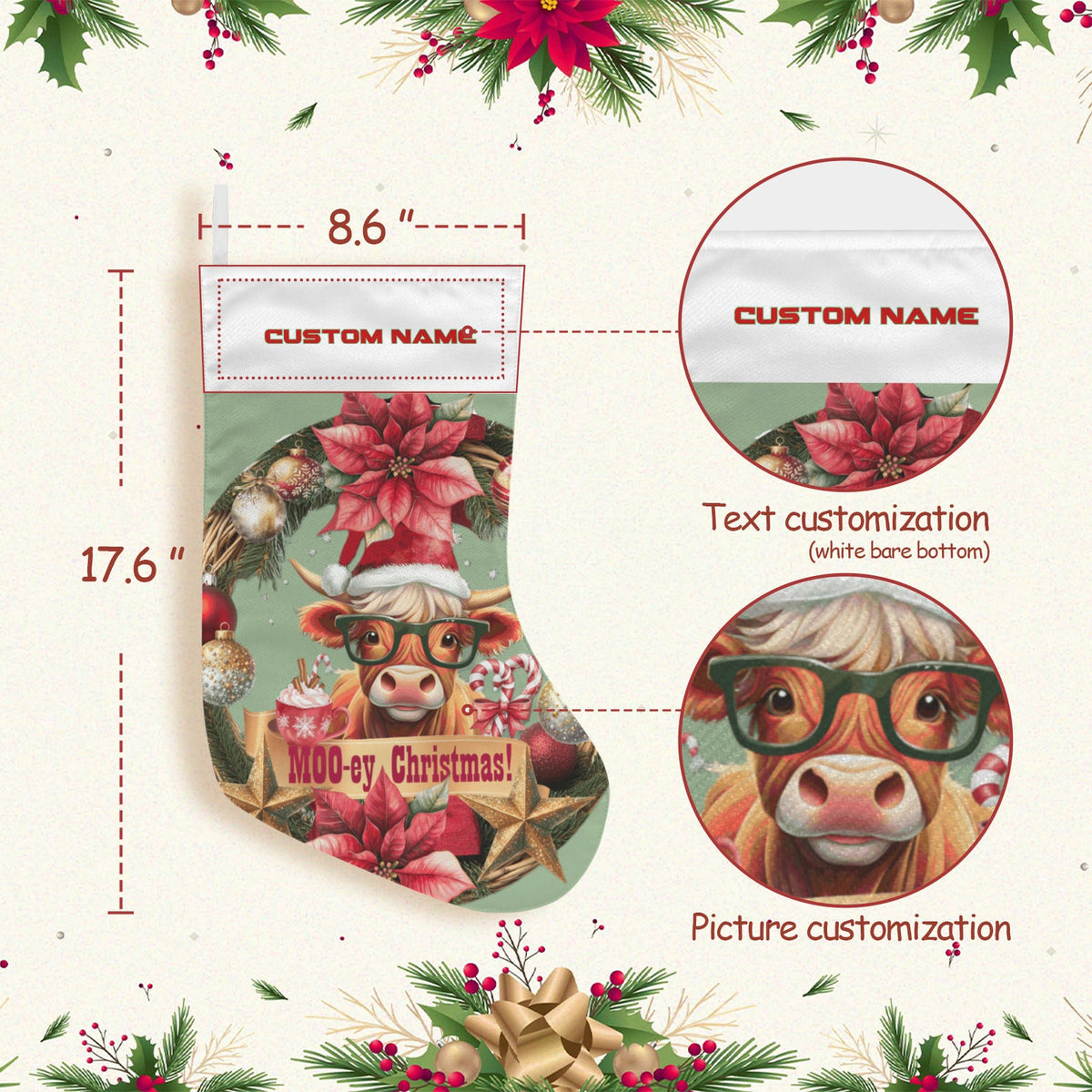 Personalizable Moo-ey Christmas Highland Cow with Glasses Christmas Stocking (Made in USA)