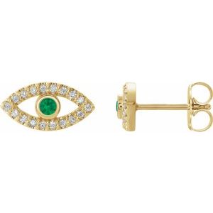 14K Yellow Gold Natural Emerald & Natural White Sapphire Evil Eye Earrings