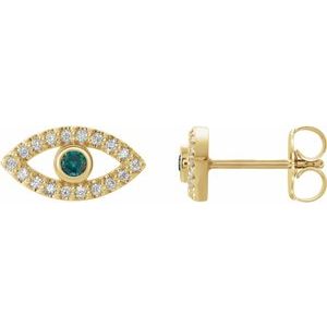 14K Yellow Gold Natural Alexandrite & Natural White Sapphire Evil Eye Earrings