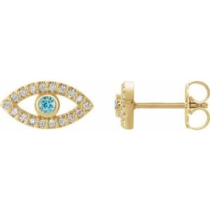 14K Yellow Gold Natural Blue Zircon & Natural White Sapphire Evil Eye Earrings