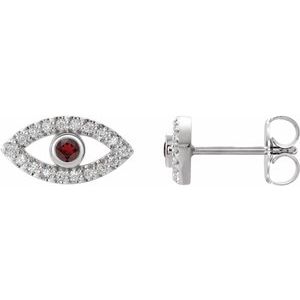 Platinum Natural Mozambique Garnet & Natural White Sapphire Evil Eye Earrings