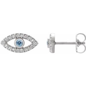 Sterling Silver Natural Aquamarine & Natural White Sapphire Evil Eye Earrings