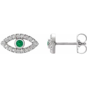 Sterling Silver Natural Emerald & Natural White Sapphire Evil Eye Earrings