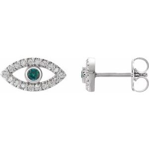 14K White Gold Natural Alexandrite & Natural White Sapphire Evil Eye Earrings