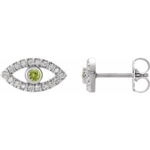 14K White Gold Natural Peridot & Natural White Sapphire Evil Eye Earrings