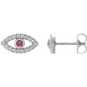Platinum Natural Pink Tourmaline & Natural White Sapphire Evil Eye Earrings