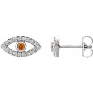 Sterling Silver Natural Citrine & Natural White Sapphire Evil Eye Earrings