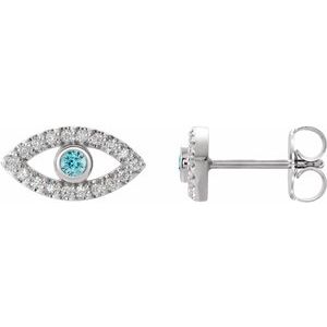 Platinum Natural Blue Zircon & Natural White Sapphire Evil Eye Earrings