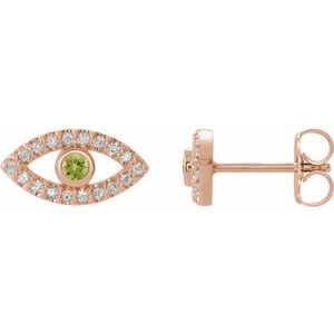14K Rose Gold Natural Peridot & Natural White Sapphire Evil Eye Earrings