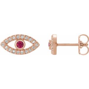 14K Rose Gold Natural Ruby & Natural White Sapphire Evil Eye Earrings