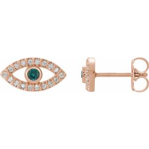 14K Rose Gold Natural Alexandrite & Natural White Sapphire Evil Eye Earrings