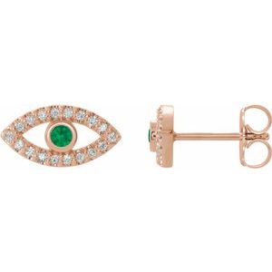 14K Rose Gold Natural Emerald & Natural White Sapphire Evil Eye Earrings