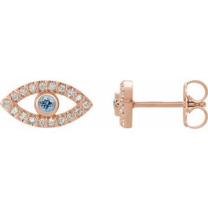 14K Rose Gold Natural Aquamarine & Natural White Sapphire Evil Eye Earrings