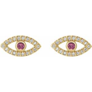14K Yellow Gold Natural Pink Tourmaline & Natural White Sapphire Evil Eye Earrings