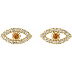 14K Yellow Gold Natural Citrine & Natural White Sapphire Evil Eye Earrings