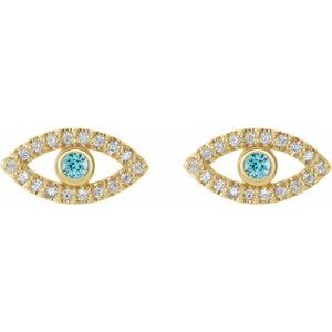 14K Yellow Gold Natural Blue Zircon & Natural White Sapphire Evil Eye Earrings
