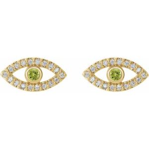 14K Yellow Gold Natural Peridot & Natural White Sapphire Evil Eye Earrings