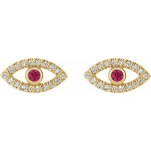 14K Yellow Gold Natural Ruby & Natural White Sapphire Evil Eye Earrings