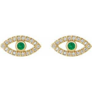 14K Yellow Gold Natural Emerald & Natural White Sapphire Evil Eye Earrings