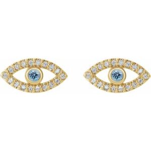 14K Yellow Gold Natural Aquamarine & Natural White Sapphire Evil Eye Earrings