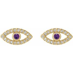 14K Yellow Gold Natural Amethyst & Natural White Sapphire Evil Eye Earrings