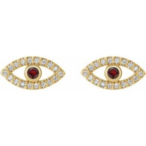 14K Yellow Gold Natural Mozambique Garnet & Natural White Sapphire Evil Eye Earrings
