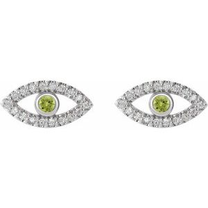 14K White Gold Natural Peridot & Natural White Sapphire Evil Eye Earrings