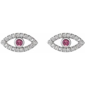 Sterling Silver Natural Pink Tourmaline & Natural White Sapphire Evil Eye Earrings