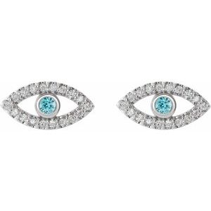 14K White Gold Natural Blue Zircon & Natural White Sapphire Evil Eye Earrings