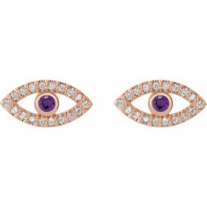 14K Rose Gold Natural Amethyst & Natural White Sapphire Evil Eye Earrings