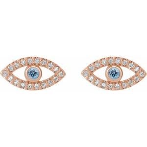 14K Rose Gold Natural Aquamarine & Natural White Sapphire Evil Eye Earrings