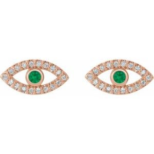 14K Rose Gold Natural Emerald & Natural White Sapphire Evil Eye Earrings