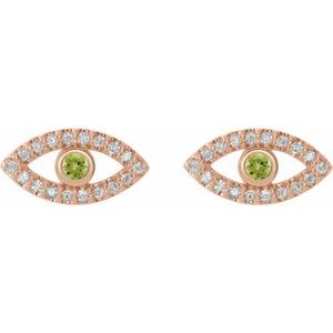 14K Rose Gold Natural Peridot & Natural White Sapphire Evil Eye Earrings
