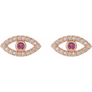14K Rose Gold Natural Pink Tourmaline & Natural White Sapphire Evil Eye Earrings