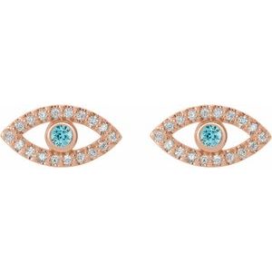 14K Rose Gold Natural Blue Zircon & Natural White Sapphire Evil Eye Earrings