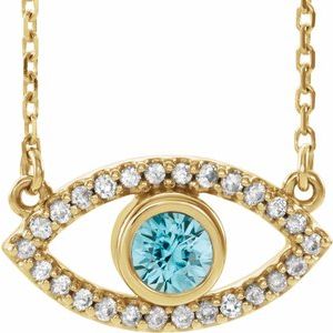 14K Yellow Gold Natural Zircon & Natural White Sapphire Evil Eye 16" Necklace