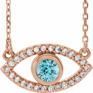 14K Rose Gold Natural Zircon & Natural White Sapphire Evil Eye 16" Necklace